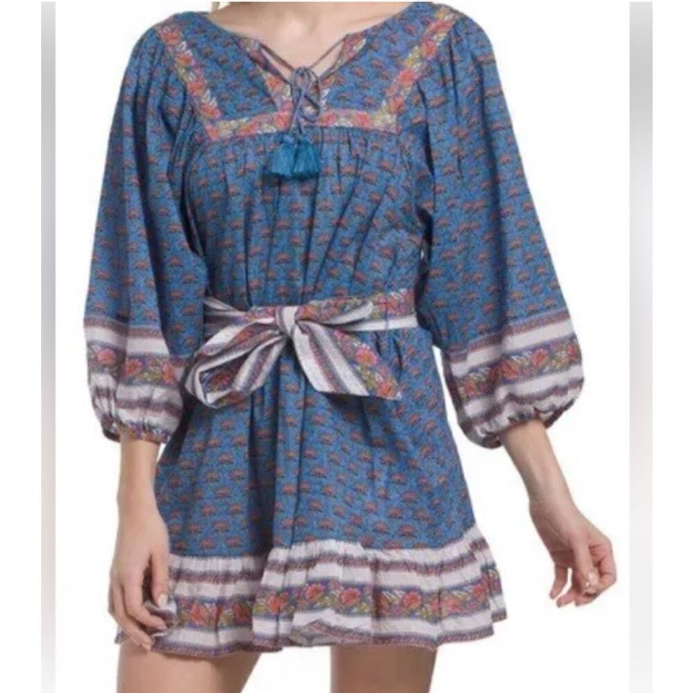 Cleobella Magdalena Mini Dress Women's‎ XS Blue Pink Lotus Waist Tie Boho NWT